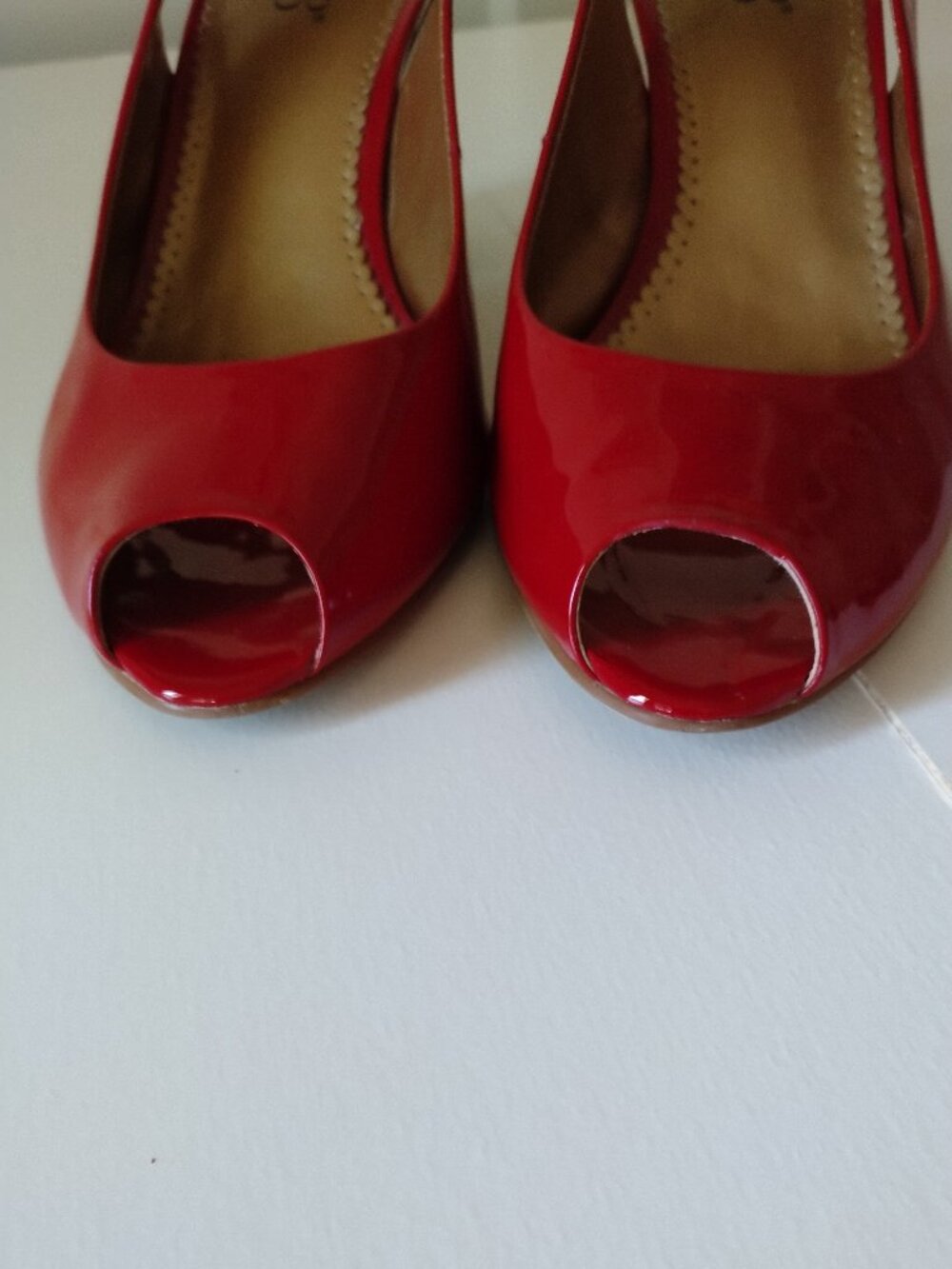 Franco Sarto Red Patent Leather Wedge Slingback Peeptoes, Size 8 - Picture 7 of 10